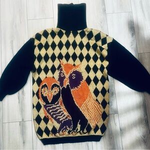 Women’s Vintage Kabri Wool Blend Oversized Sweater  Metallic Gold Owl Sz XL